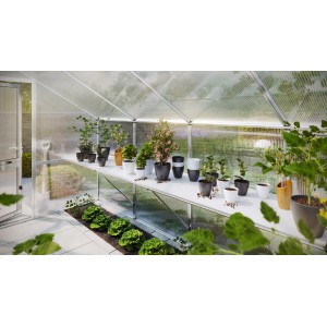KGT Tischgestell Jasmin II im Gewächshaus mit Pflanzen und Töpfen auf weißen Einlegeplatten.