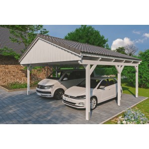 Weißer Skan Holz Doppelcarport Fichtelberg mit Dachlattung und zwei geparkten Autos.