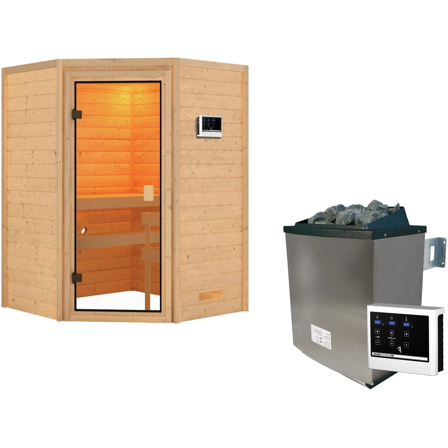 Woodfeeling Sauna Antonia mit 9 kW Ofen und Glastür. Massivholzsauna für entspannende Stunden.