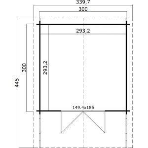 Grundriss Lasita Holz-Gartenhaus Viljandi 34, 339,7x445 cm, Gletschergrün, mit Anbaudach.