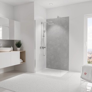Schulte Duschrückwand DecoDesign Softtouch Beton-Grau, 255x125 cm im modernen Badezimmer.