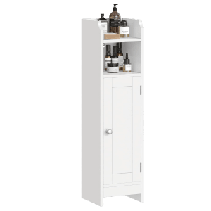 Schmaler, weißer Songmics Badezimmerschrank Siren mit Tür und offenen Regalen.