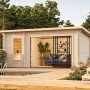 Palmako Sauna Sanna Slide Plus: Naturbelassenes Saunahaus mit Schiebetür und großem Ruheraum am Pool.