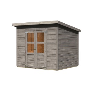 Vorvergrautes Karibu Gartenhaus Vellinge 5 mit Doppeltür und Pultdach.