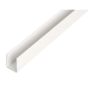 Weißes U-Profil aus Kunststoff, 10x21x1000 mm, für Schutz und Stütze.