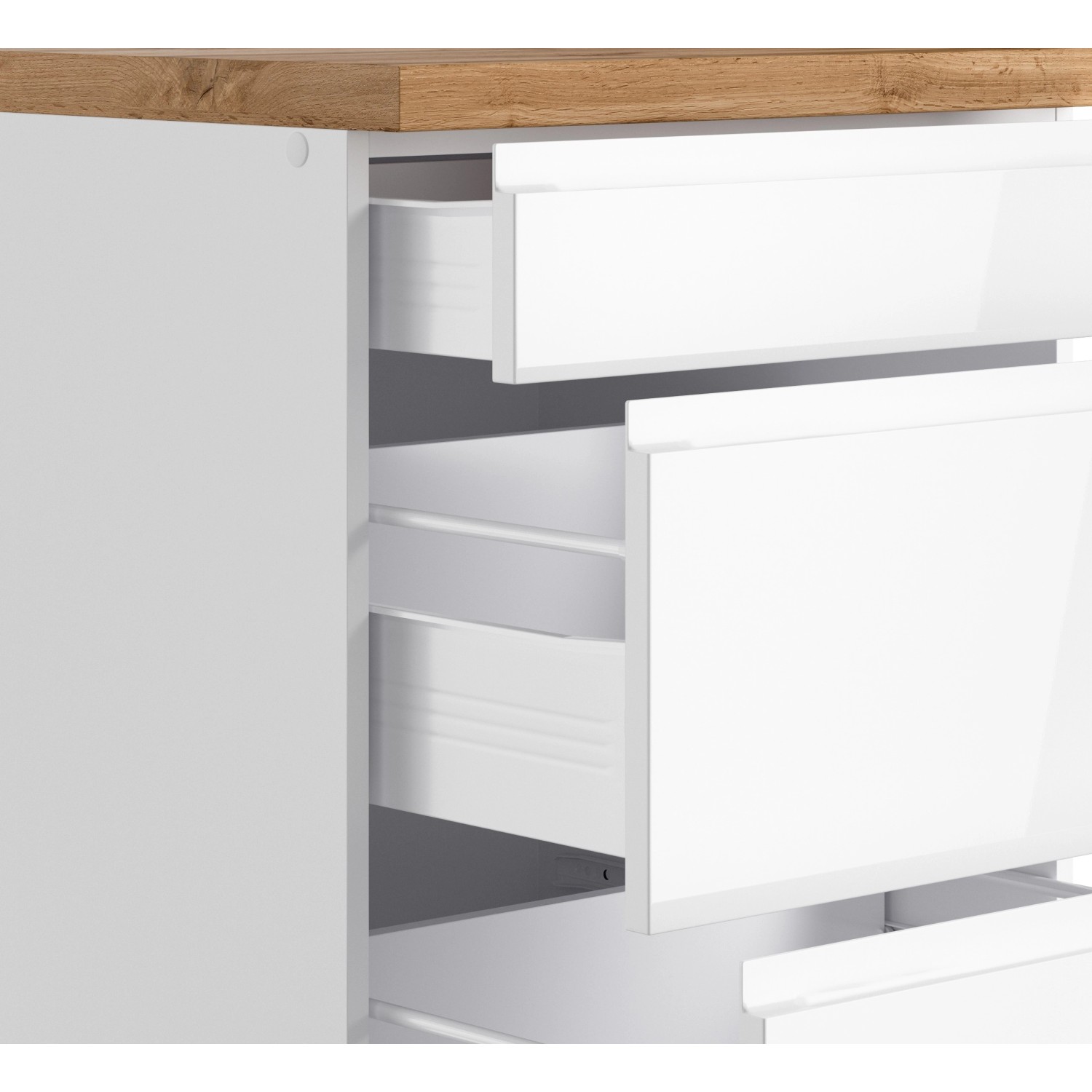 Detailansicht der weißen Held Küchenzeile Gera 300 cm mit Schubladen und Arbeitsplatte in Wotan Eiche.