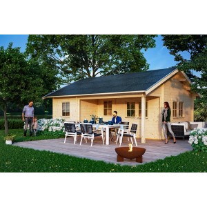 Skan Holz Gartenhaus St. Moritz 600x500cm mit Terrasse und Personen im Garten.