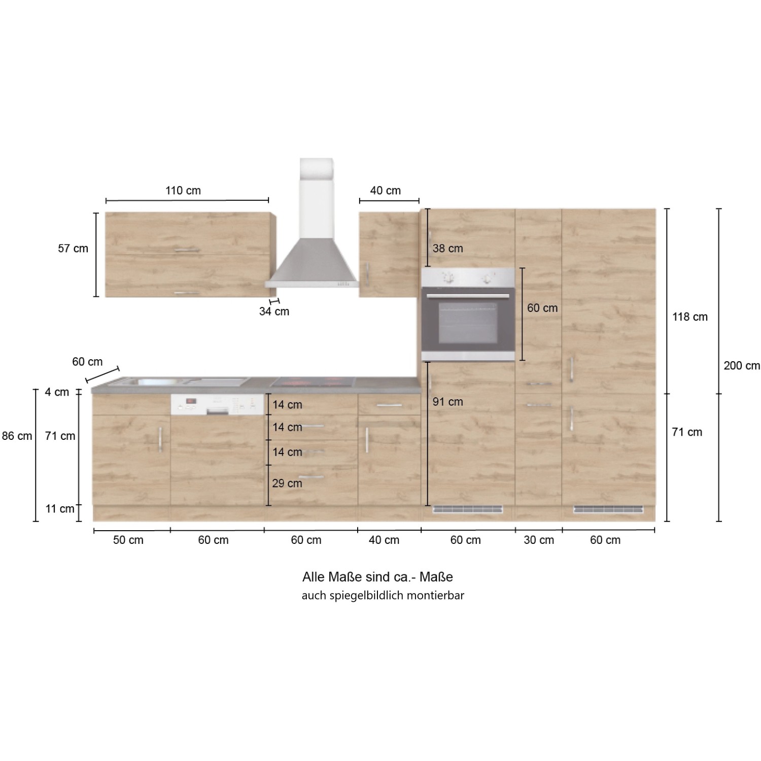 Held Möbel Küchenzeile Sorrento 360 cm in Wotaneiche, Maße der Einbauküche