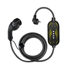 Schwarzes Junsun Ladekabel Typ 2 mit Haushaltsstecker, 3.6kW, 5m und mobiler Ladestation für Elektroautos.