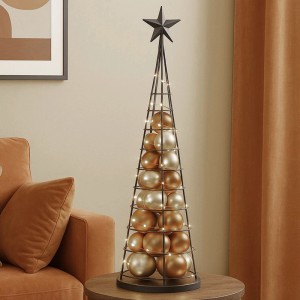 Schwarzer Deko-Baum aus Metall (90 cm) mit Stern und goldenen Kugeln als Weihnachtsdekoration.
