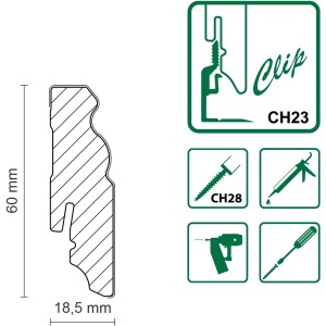 Profilzeichnung FN Neuhofer Sockelleiste FU065L, weiß, mit Clip-System CH23.