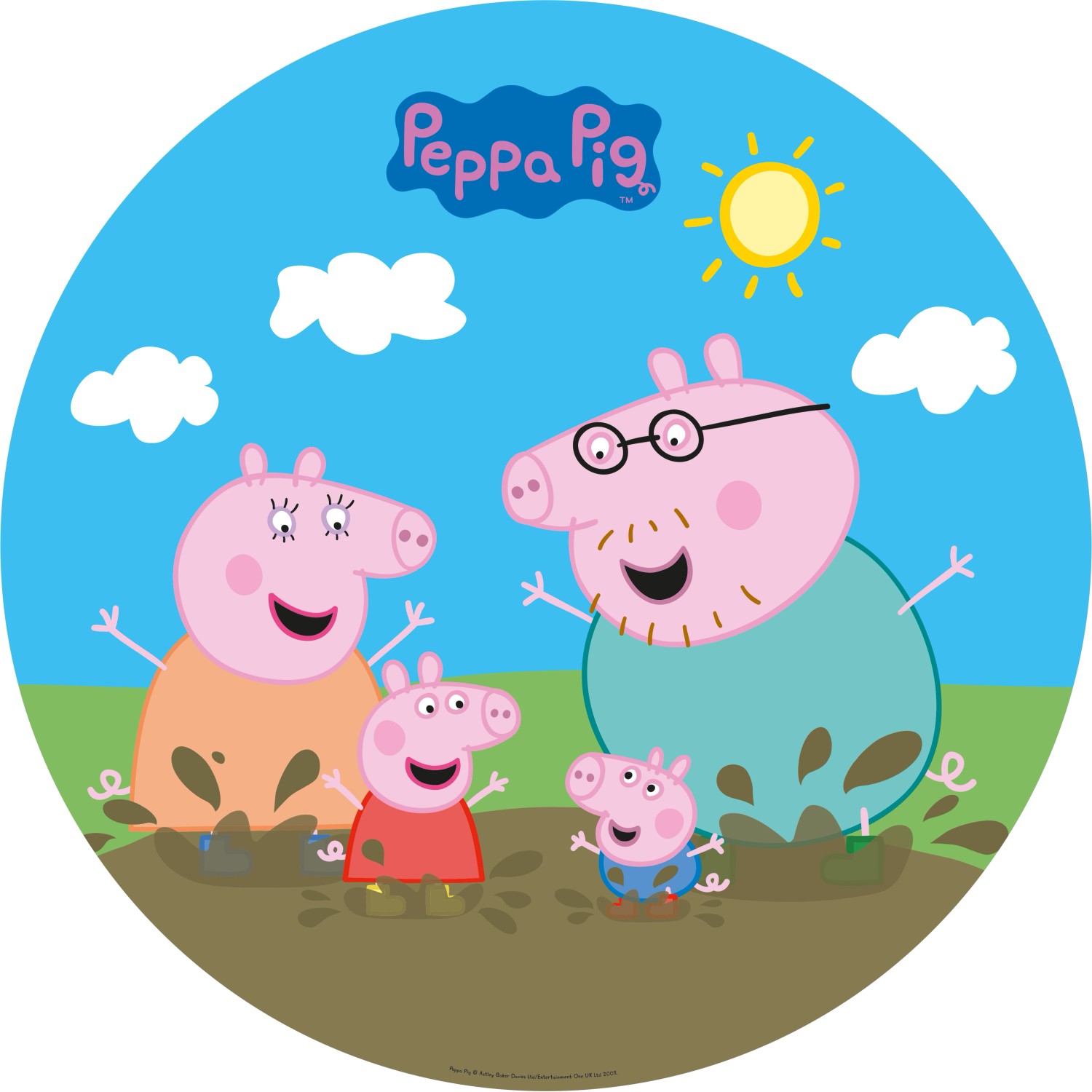 Happy People Peppa Pig Sprinklermatte (Ø 150 cm) mit Peppa Pig Familie im Schlamm.