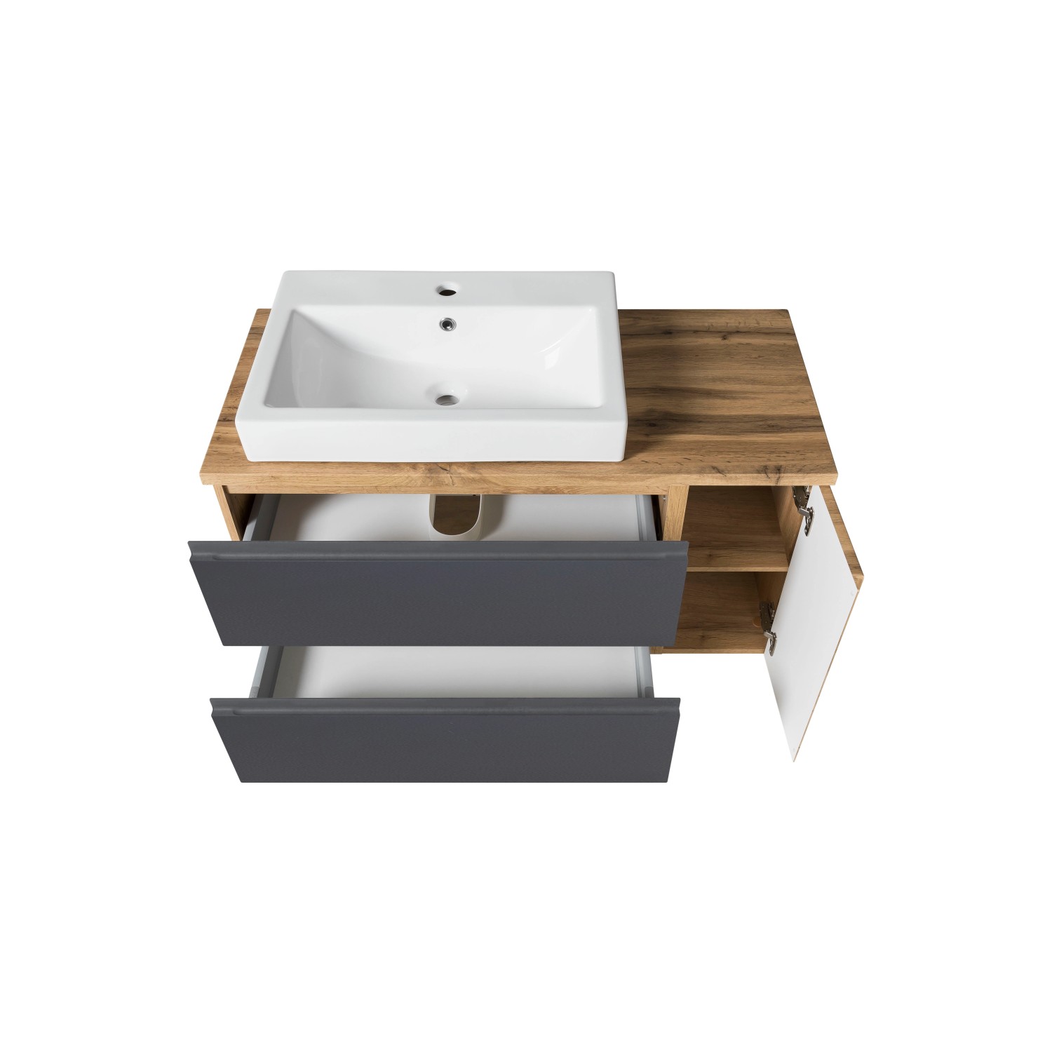 Held Möbel Waschtisch Ancona, 105 cm, grau/Wotaneiche mit Becken links, zwei Schubladen und offenem Fach.