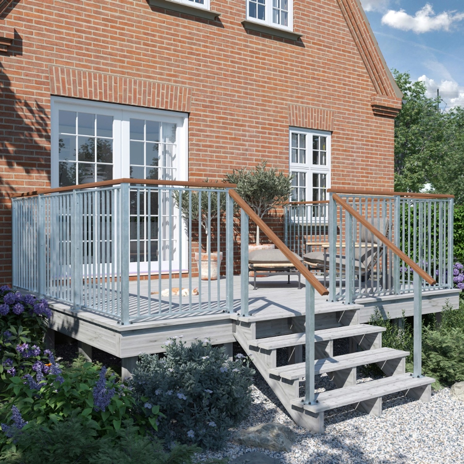 Feuerverzinkter Stahl Geländer Pfosten auf Terrasse mit Treppe und Handlauf.