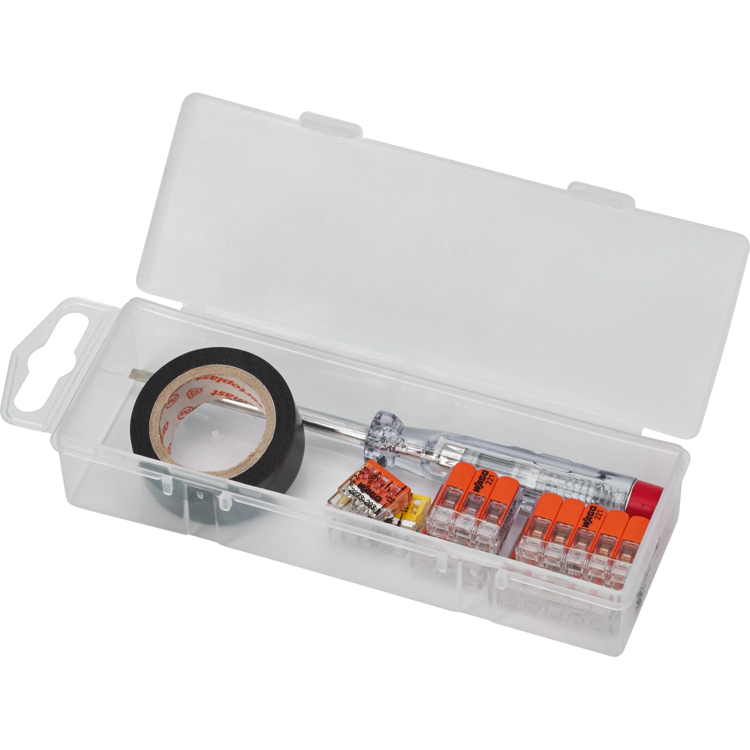 Elektro-Set mit Verbindungsklemmen, Spannungsprüfer und Isolierband im transparenten Kasten.