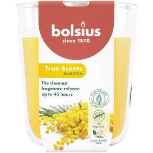 Gelbe Bolsius Duftkerze True Scents Mimosa im Glas, für ca. 45 Stunden Duft.