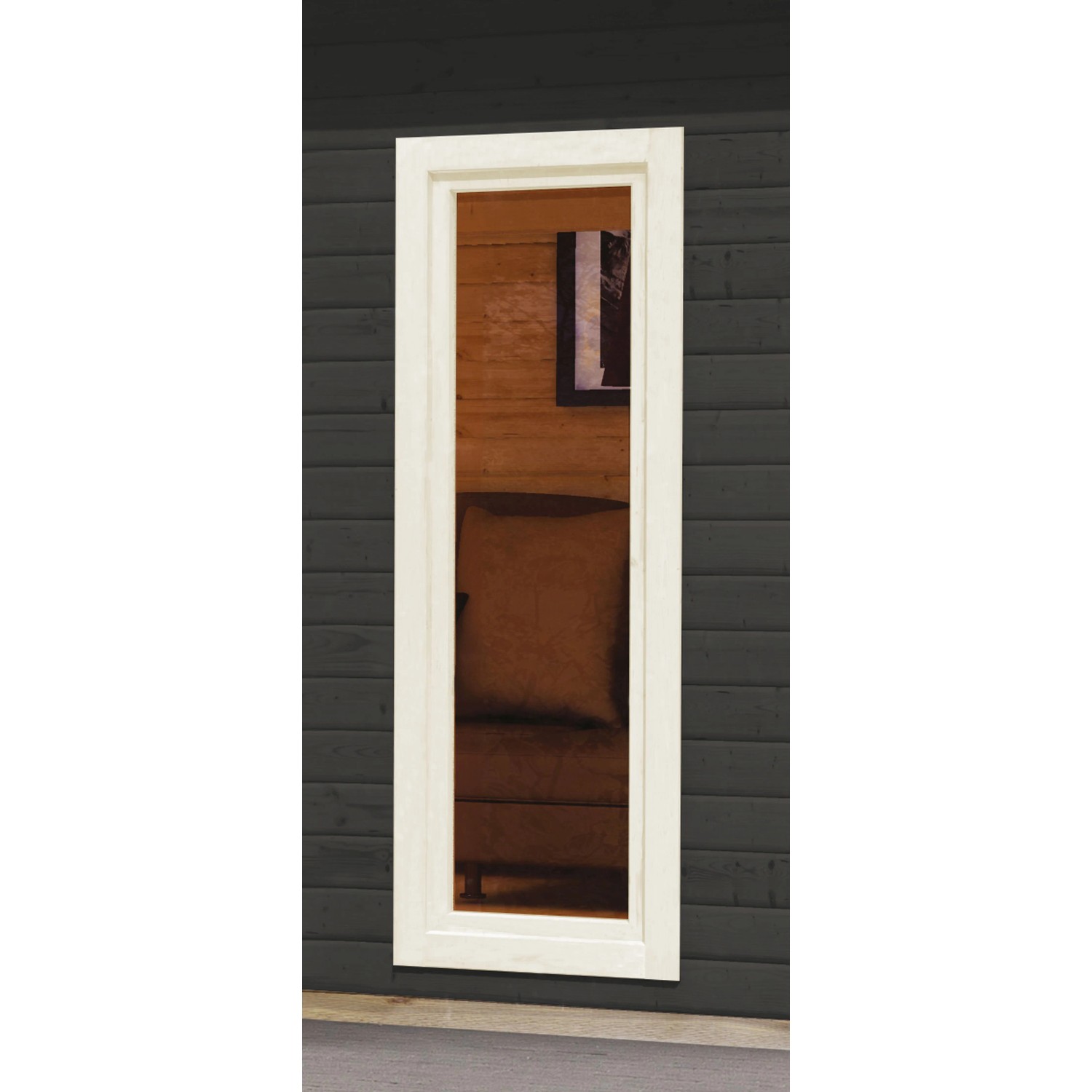 Detailansicht: Tür des terragrauen Karibu Holz-Gartenhauses Norrköping mit Pultdach.