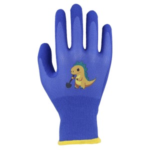 Blauer W+R Industry Kinderhandschuh Größe 4 mit Dino-Motiv für Gartenarbeit.