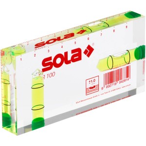 Sola Mini-Wasserwaage R 100 aus transparentem Acryl mit drei Libellen und Skala.