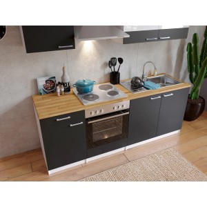 Respekta Küchenzeile KB210WG, 210 cm, grau-weiße Einbauküche mit E-Geräten und Spüle.