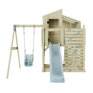 PolarPlay Babyschaukel Lotta Eisblau mit Spielturm, Rutsche und Kletterwand.
