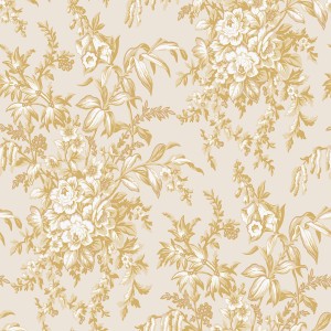 Laura Ashley Vliestapete Picardie Pale Gold mit floralem Muster aus Rosen, Fingerhüten und Butterblumen.
