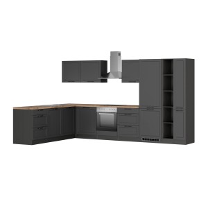 Moderne Held Winkelküche Kempten, 360 cm, in Graphit/Grau mit E-Geräten und Arbeitsplatte in Holzoptik.