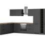 Moderne Held Winkelküche Kempten, 360 cm, in Graphit/Grau mit E-Geräten und Arbeitsplatte in Holzoptik.