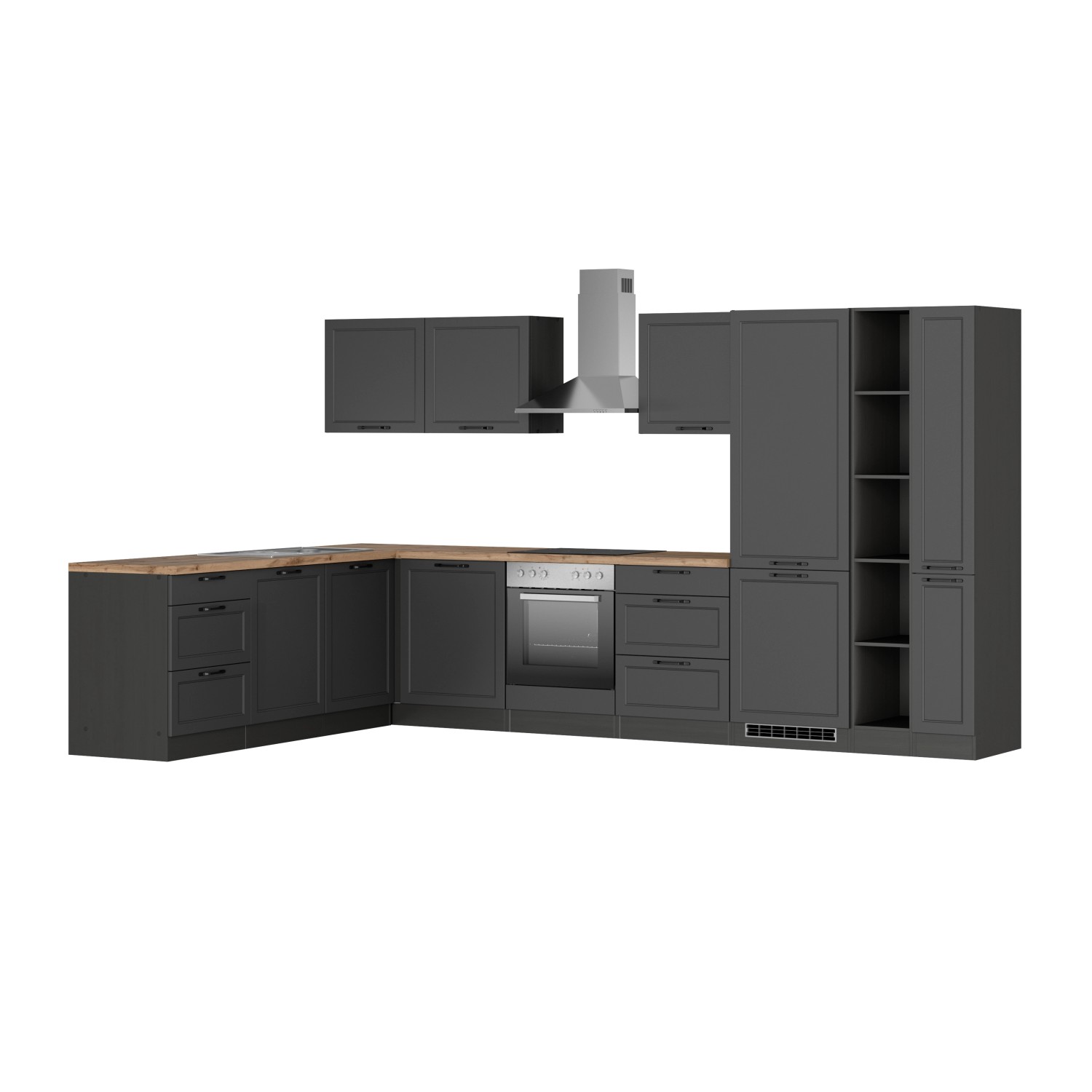 Moderne Held Winkelküche Kempten, 360 cm, in Graphit/Grau mit E-Geräten und Arbeitsplatte in Holzoptik.