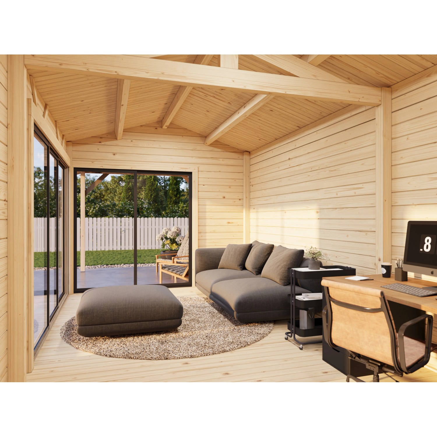 Innenansicht Palmako Gartenhaus Amanda Slide mit Schiebetüren und Büroeinrichtung.