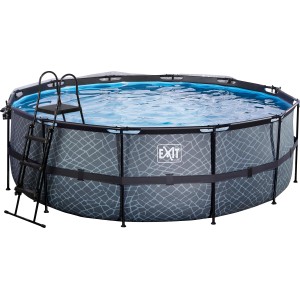 EXIT Stone Pool, grau, ø 427 cm, mit Leiter, Abdeckung und Wärmepumpe.