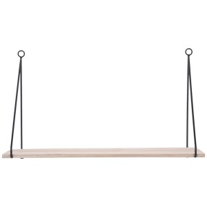 Hängeregal aus Holz und Metall, 29x50x16 cm, in Schwarz und Holzfarben.