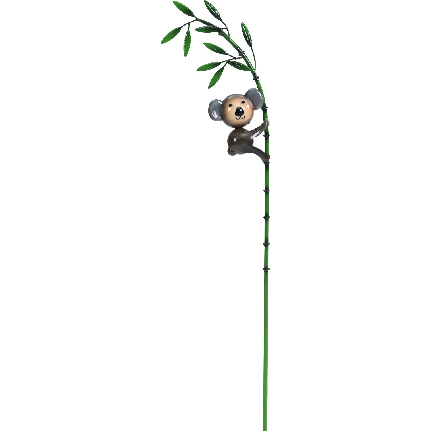 Gartenstecker: Koala Figur aus Metall klettert an grünem Bambus, 95 cm hoch. Gartendekoration.