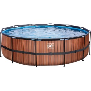 EXIT Wood Pool, brauner Stahlrahmen Pool mit Holzoptik und Sandfilterpumpe, ø 488x122 cm.