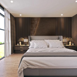 Schlafzimmer mit Akustikpaneel Foliert in Metall Bronze an der Wand.