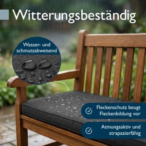 Graphitgraue Beautissu Outdoor Bankauflage auf Holzbank, wasserabweisend bei Regen. Ideal für Garten.