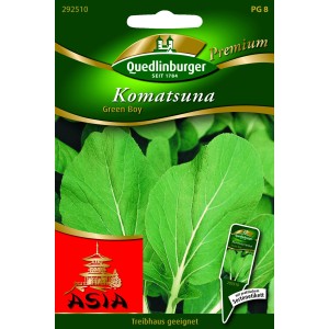 Quedlinburger Komatsuna Green Boy Samenpackung mit grünen Blättern.