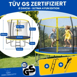 Zero Gravity Trampolin Outdoor Ø244cm, TÜV GS, Smartes Klappnetz, Inkl. Leiter & Bodenanker