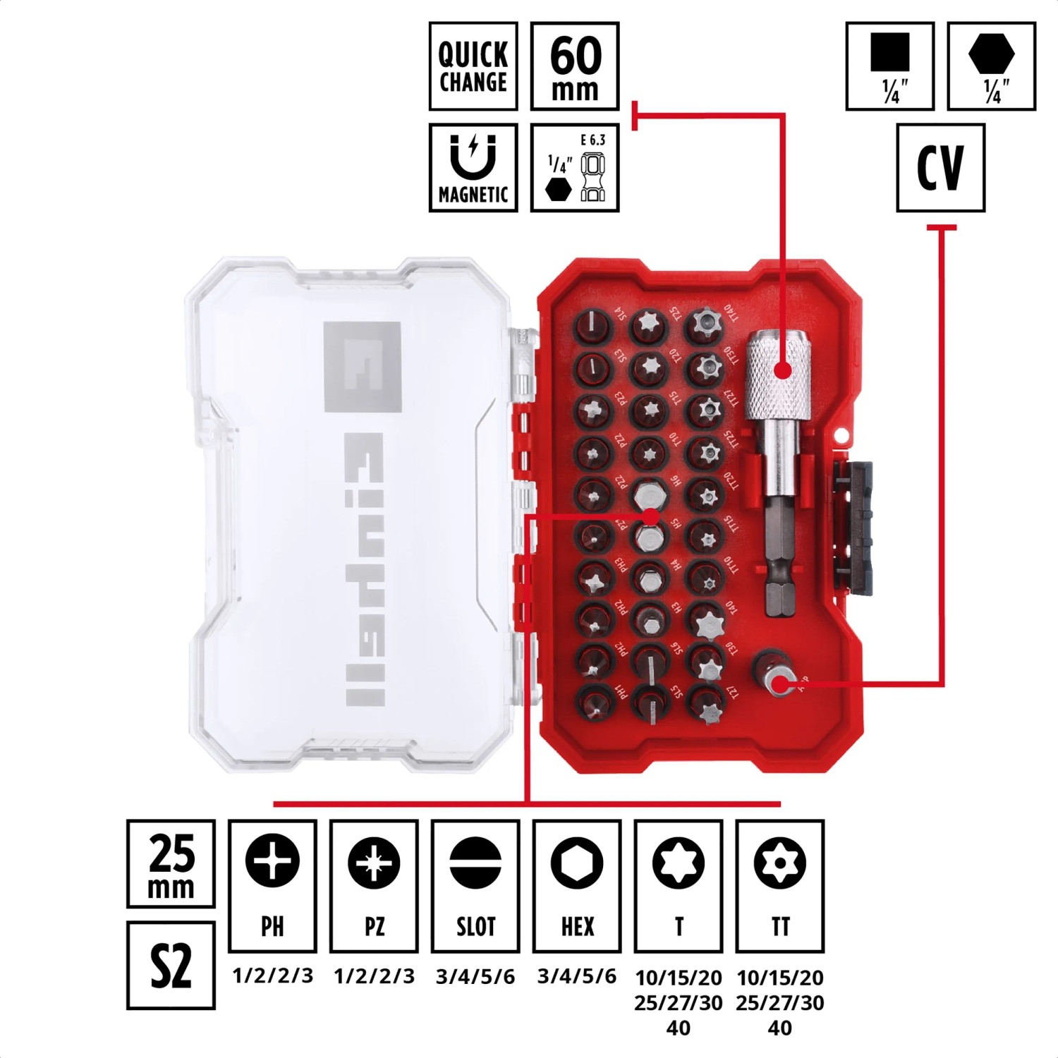 Einhell Bit-Set XS-Case, 30-teilig, mit verschiedenen Schraubenzieher-Bits und Bithalter in roter Box.