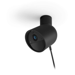 Schwarze, kabelgebundene Philips Hue Secure Kamera zur Überwachung. 