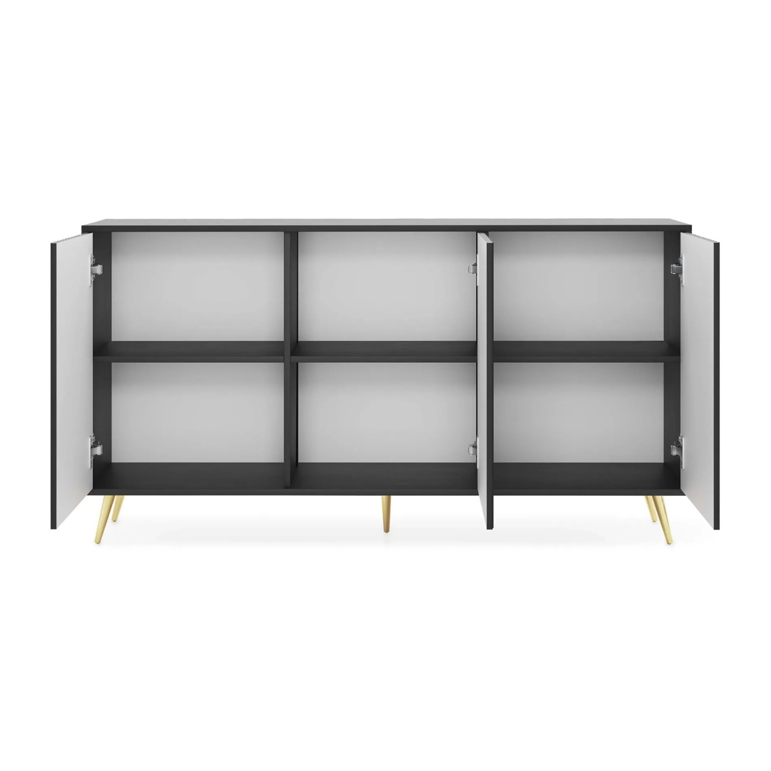 Selsey Sideboard Bello, schwarz matt, mit offenen Türen. Sechs Innenfächer und goldene Beine. Geräumige Kommode.