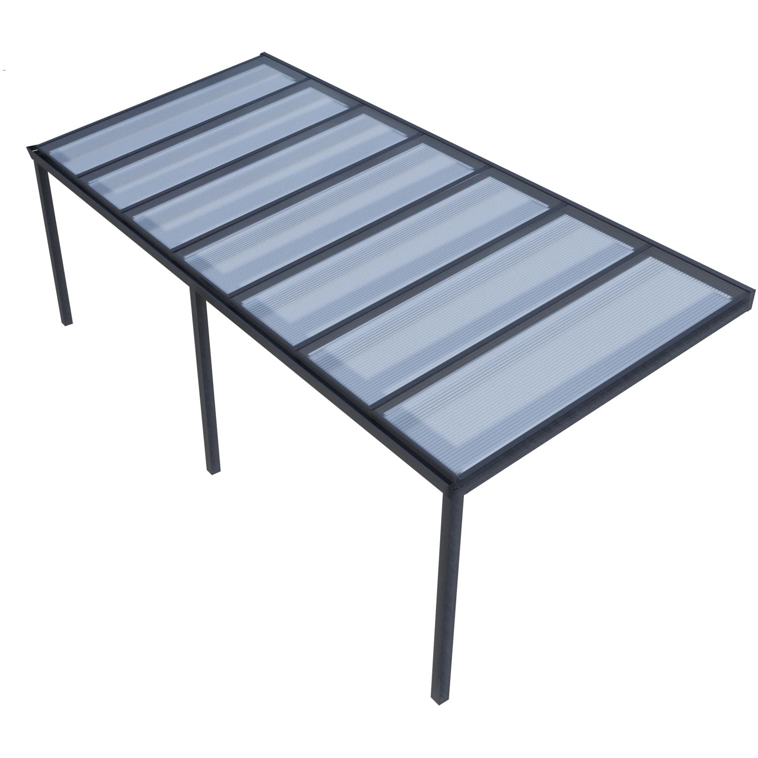 Anthrazit Terrassenüberdachung 700x300 cm mit klarer Polycarbonat-Platte und schlanken Pfosten.
