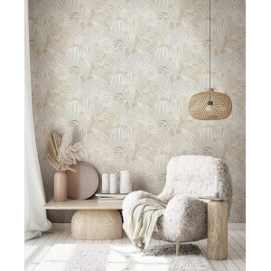 Beige Vliestapete mit floralem Naturmuster von Marburg, passend zur Dekoration im Raum.