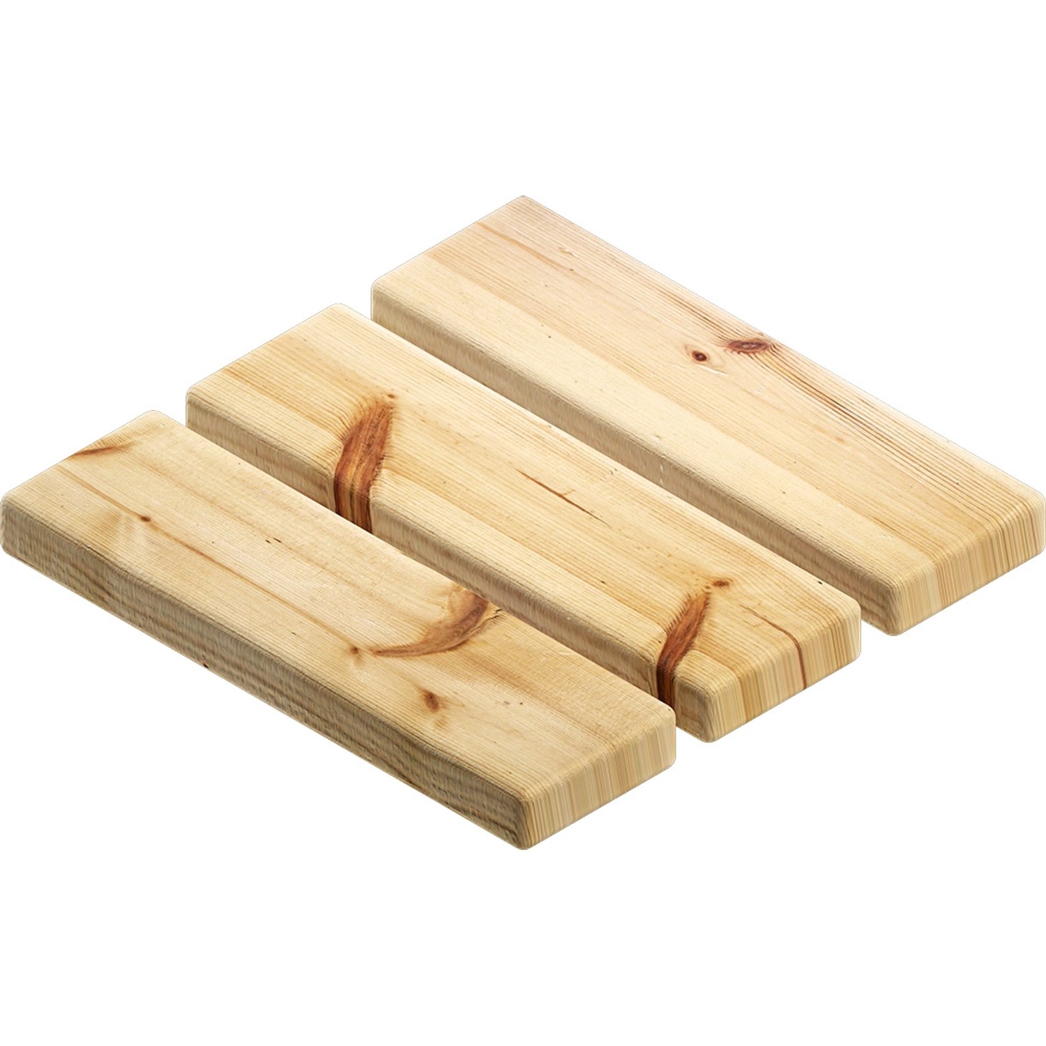 Drei helle, gehobelte Holzbretter mit Astlöchern, geeignet für den Innenausbau.