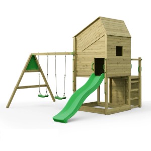 Spielturm Funky Combo mit Schaukel, Rutsche und Kletterwand aus Holz.