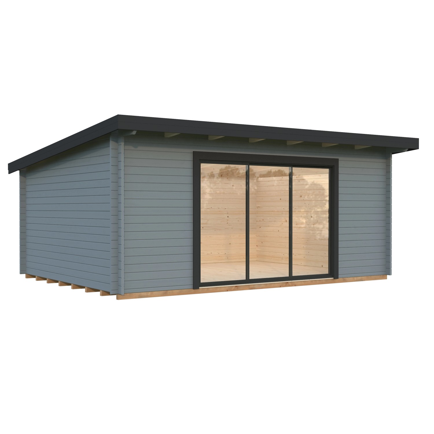 Modernes, hellgrau-anthrazit lackiertes Palmako Gartenhaus Lea mit Glasschiebetüren.