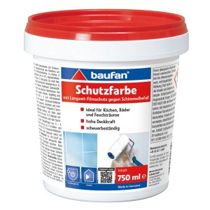 Baufan Schutzfarbe 750 ml, weißer Eimer mit rotem Deckel. Anti-Schimmelfarbe für Küche, Bad, Feuchträume, hohe Deckkraft, scheuerbeständig.