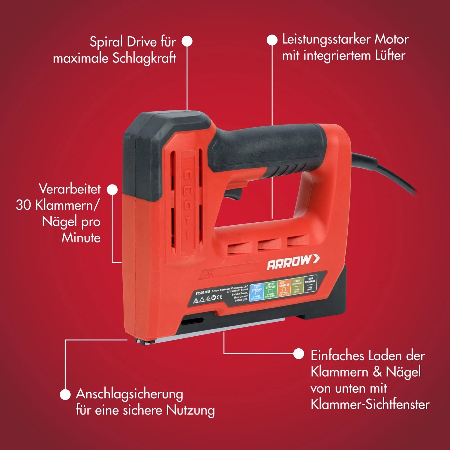 Arrow Elektrotacker ET501F: Kompakter, roter Tacker für Klammern und Nägel mit Softgriff.