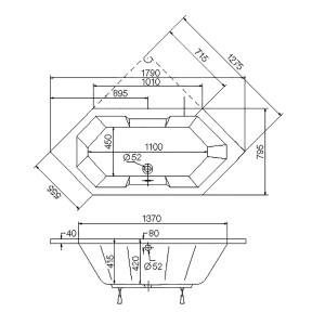 Technische Zeichnung Ottofond Whirlpool Sierra Komfort, 180x80 cm, Maße für Badplanung.