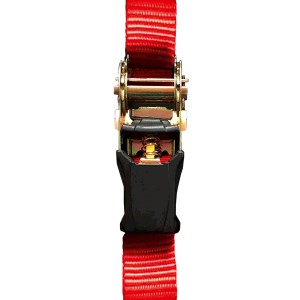 Detailaufnahme: Roter Zurrgurt mit schwarzem Spanner und Metallschnalle. Ideal zur Ladungssicherung.